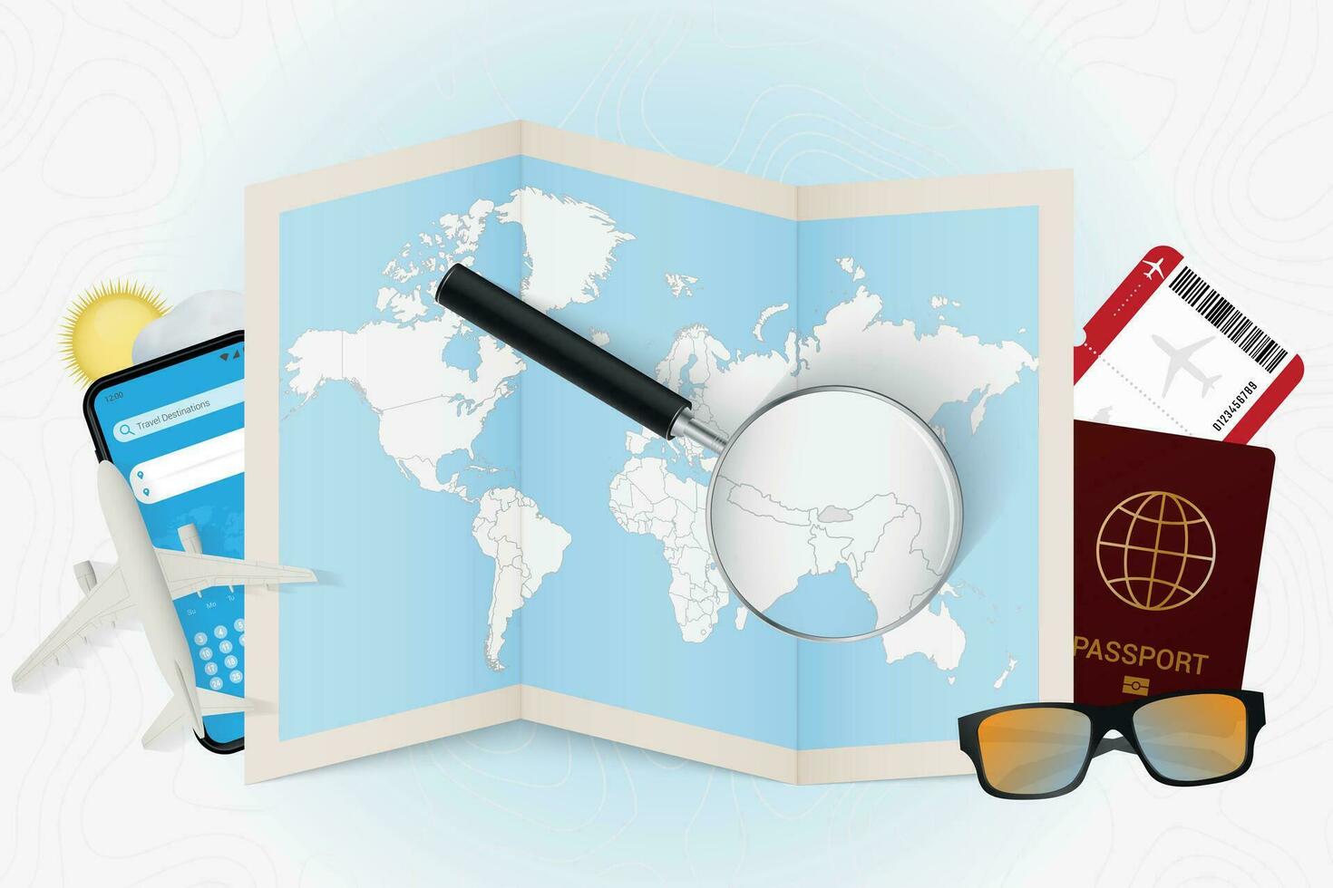 Travel destination Bhutan, tourism mockup with travel equipment and world map with magnifying glass on a Bhutan. vector