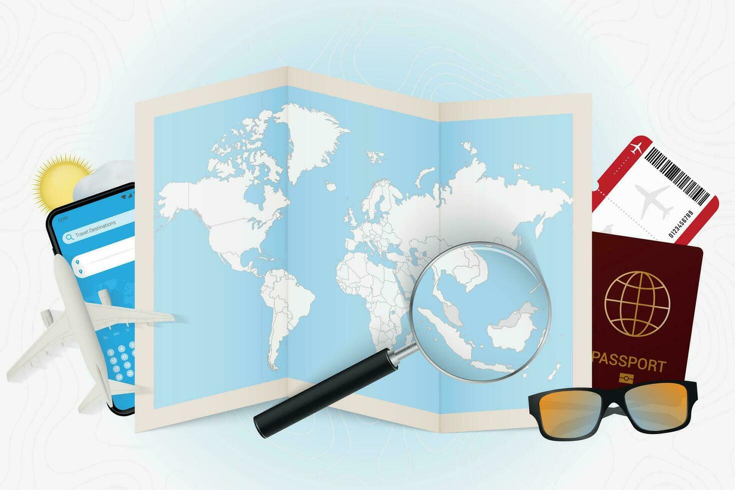 Travel destination Malaysia, tourism mockup with travel equipment and world map with magnifying glass on a Malaysia. vector