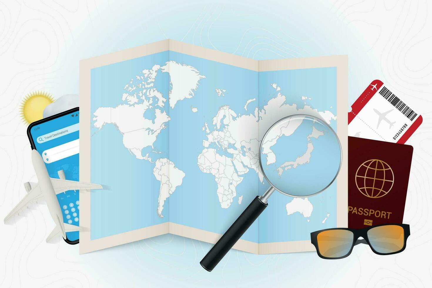 Travel destination Japan, tourism mockup with travel equipment and world map with magnifying glass on a Japan. vector