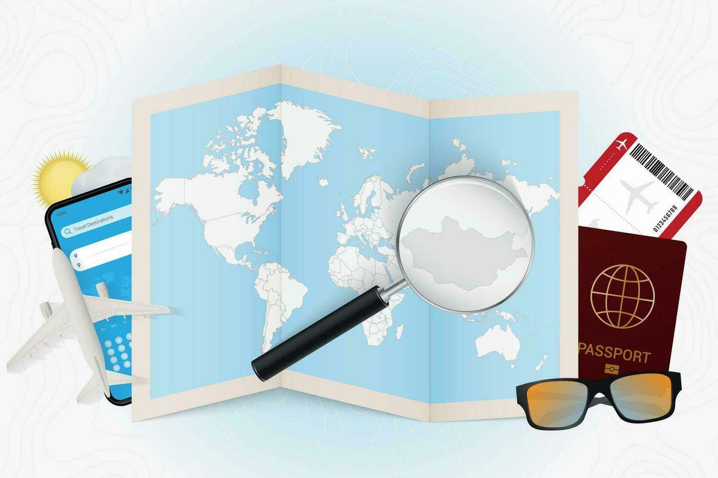 Travel destination Mongolia, tourism mockup with travel equipment and world map with magnifying glass on a Mongolia. vector