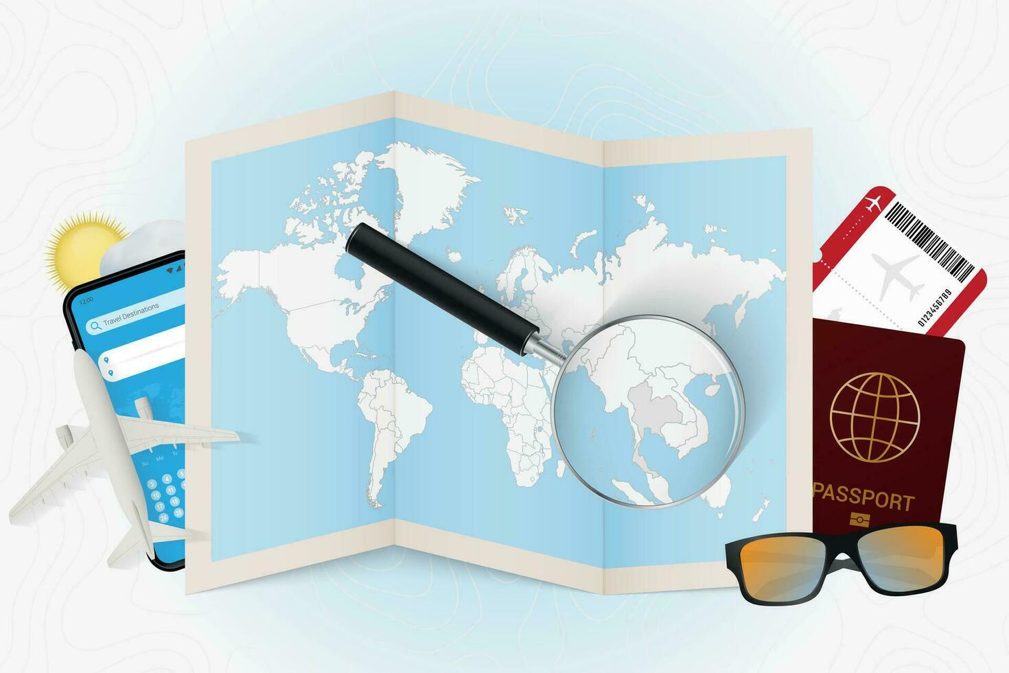 Travel destination Thailand, tourism mockup with travel equipment and world map with magnifying glass on a Thailand. vector