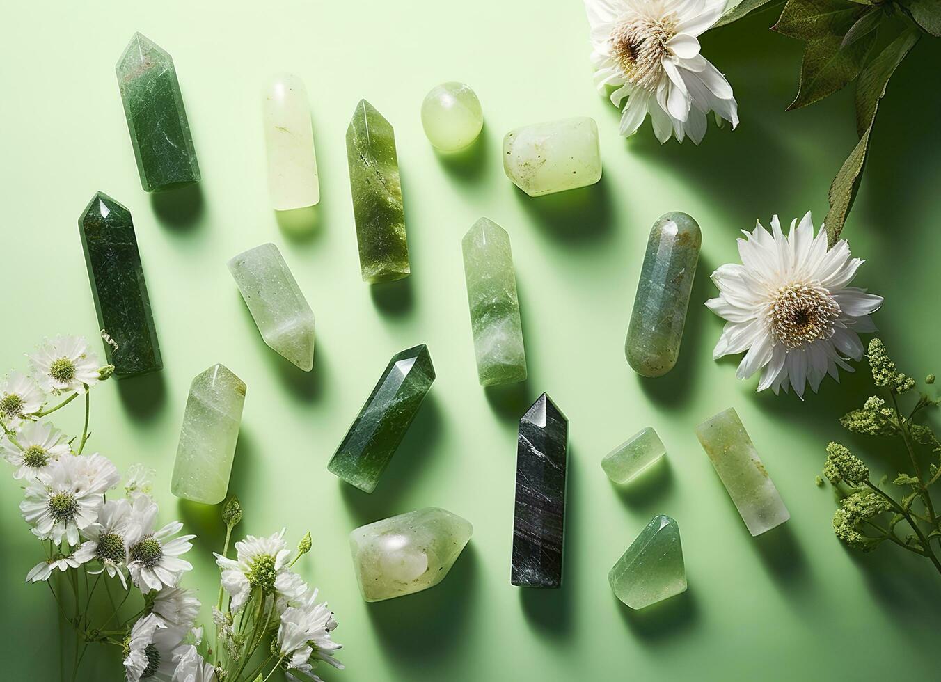 Crystal towers minerals set and white flowers on green abstract background. Generative AI photo