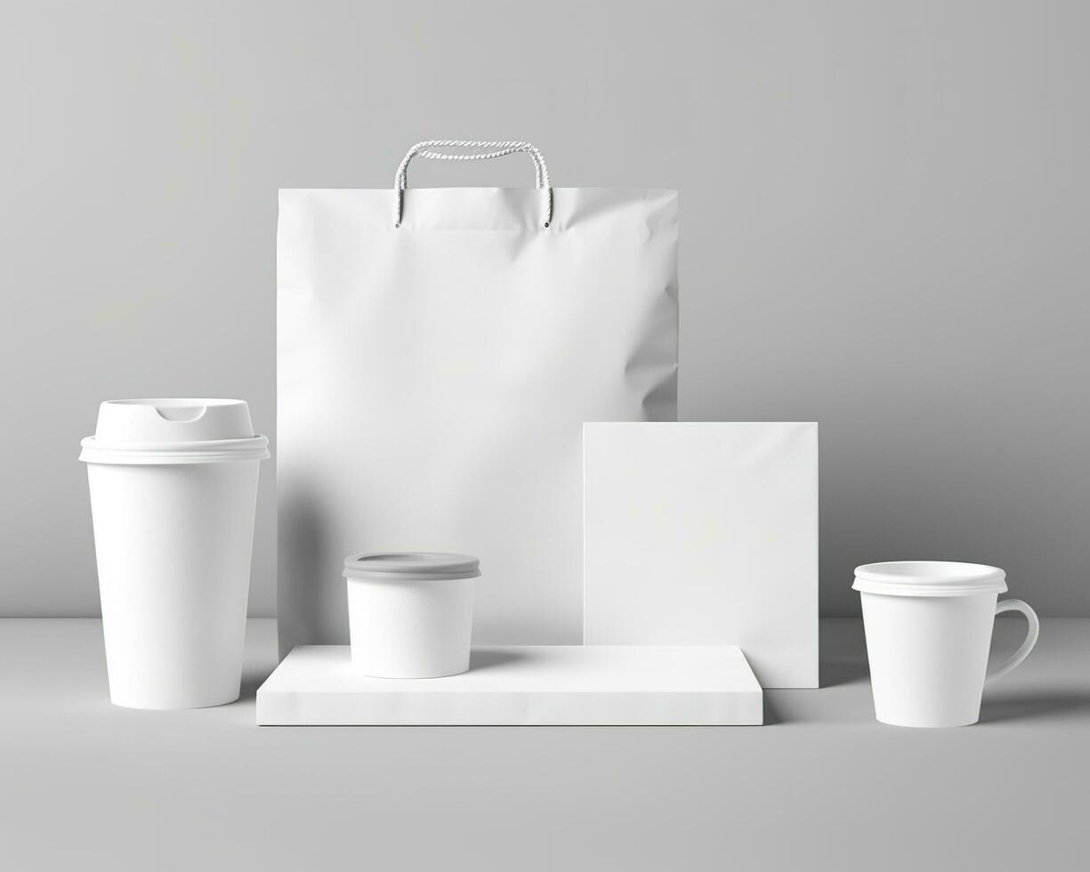 Blank bag, coffee mug, and cup on a light background. Generative AI photo