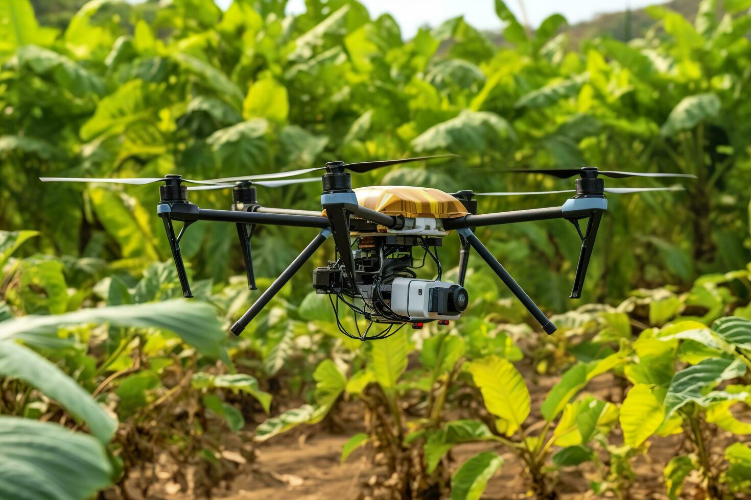 Drone monitoring crops and smart agriculture in a digital farming.  AI Generative photo