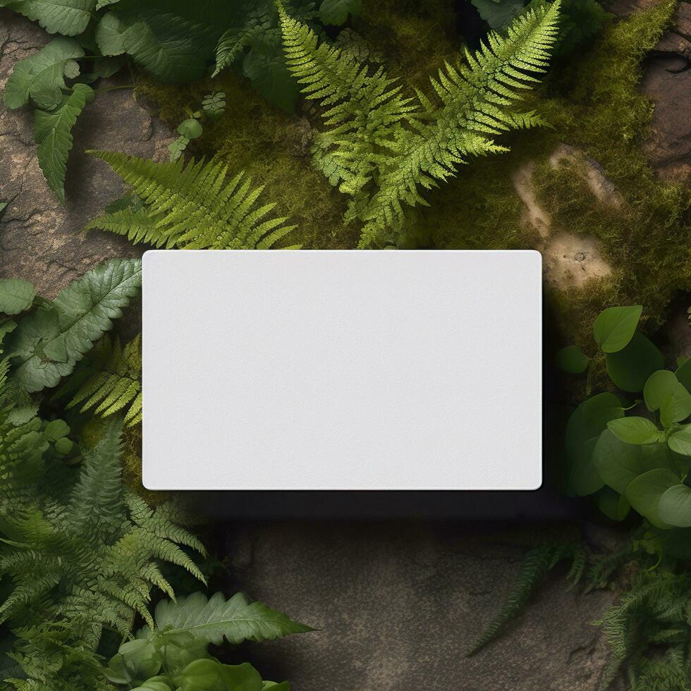 Blank business card on green leaves background. Generative AI photo