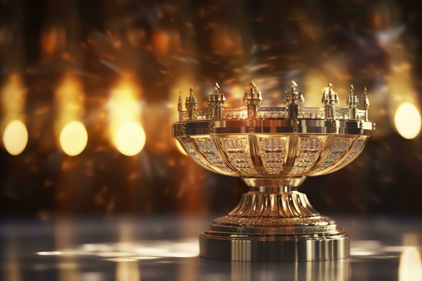 The golden monstrance with a little transparent crystal center, consecrated host. church defocused background. AI Generative photo
