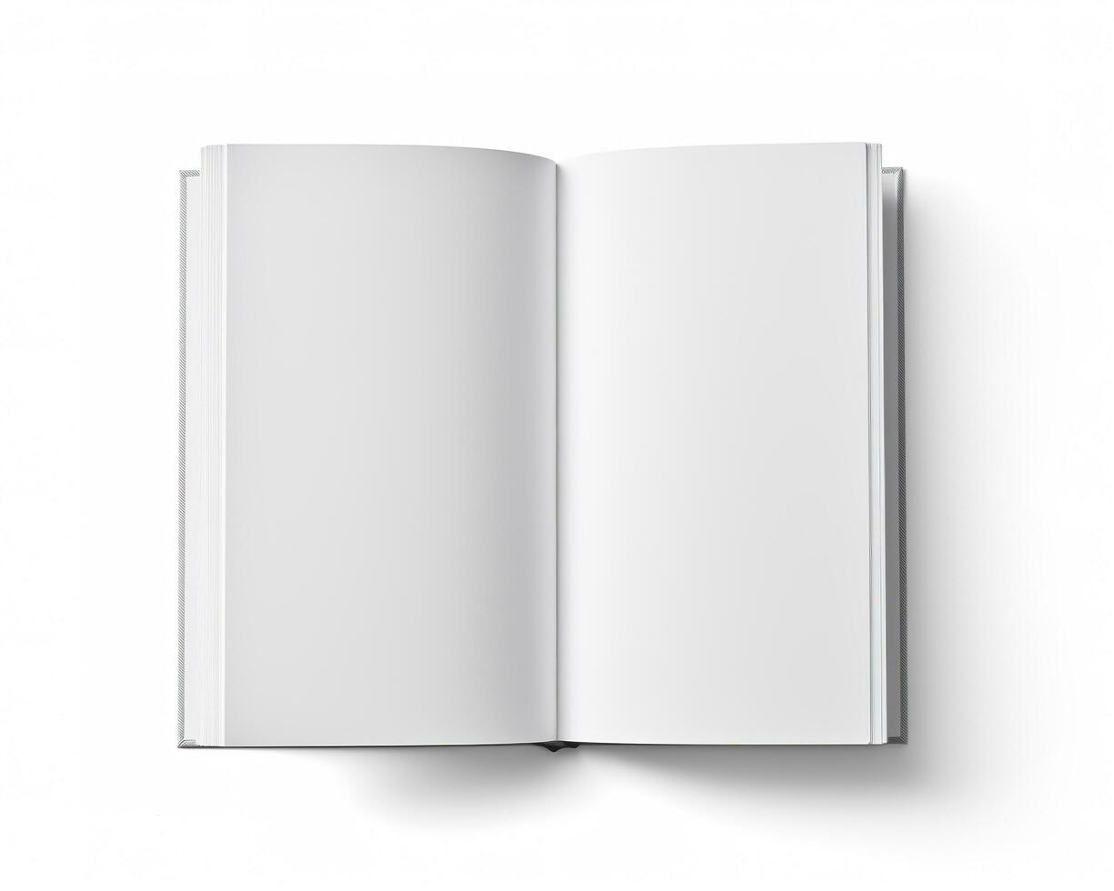 Blank opened book mockup, top view, isolated on white background. Generative AI photo
