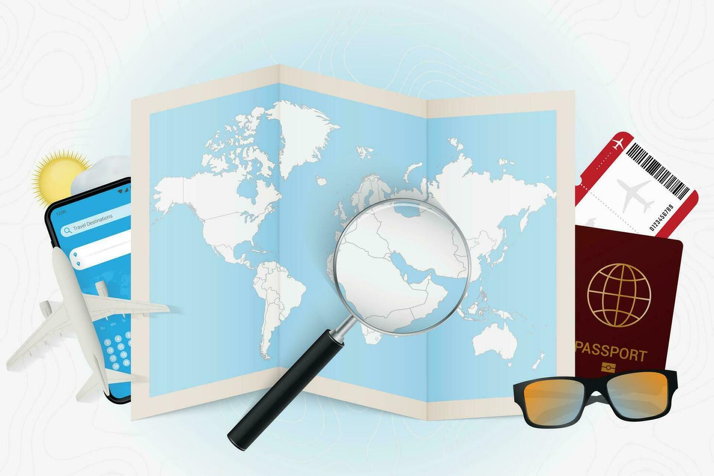 Travel destination Bahrain, tourism mockup with travel equipment and world map with magnifying glass on a Bahrain. vector