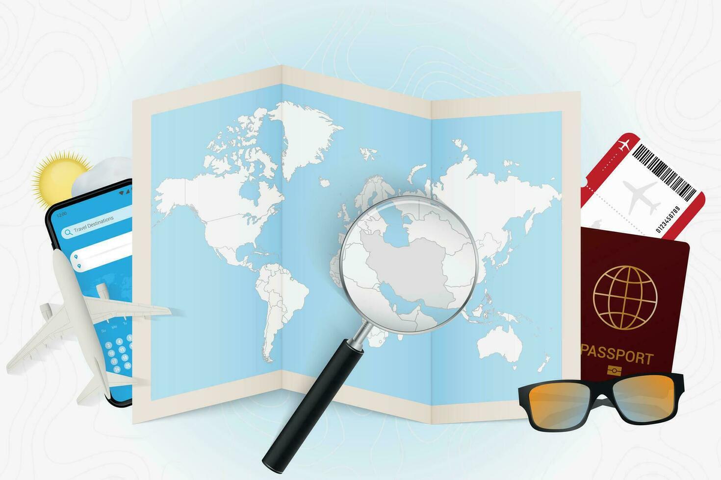 Travel destination Iran, tourism mockup with travel equipment and world map with magnifying glass on a Iran. vector