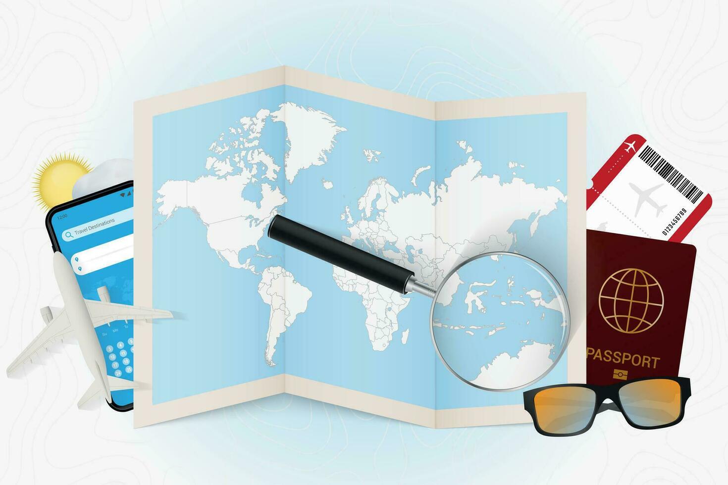 Travel destination East Timor, tourism mockup with travel equipment and world map with magnifying glass on a East Timor. vector