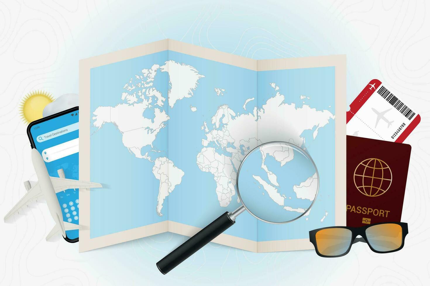 Travel destination Singapore, tourism mockup with travel equipment and world map with magnifying glass on a Singapore. vector