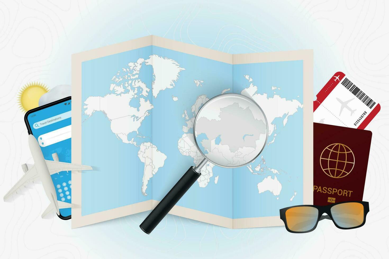 Travel destination Kazakhstan, tourism mockup with travel equipment and world map with magnifying glass on a Kazakhstan. vector