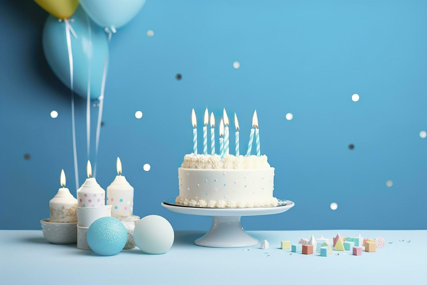 Birthday cake with candles and sweets on white table near blue wall. Generative AI photo