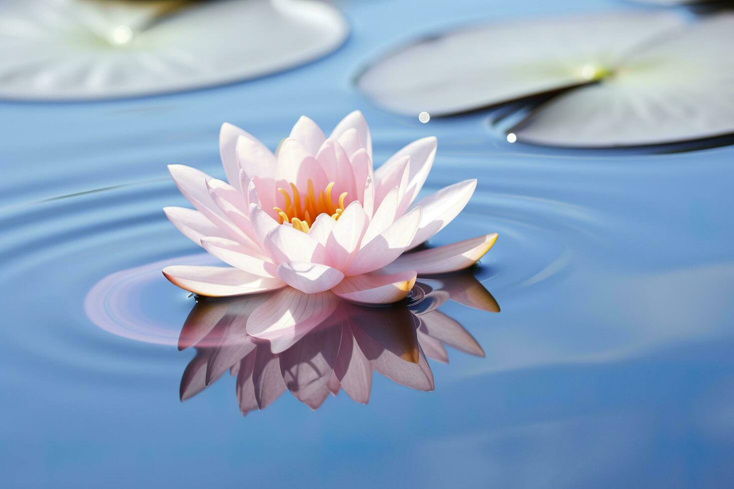 A floating lotus flower on the calm surface of a pond symbolizes the