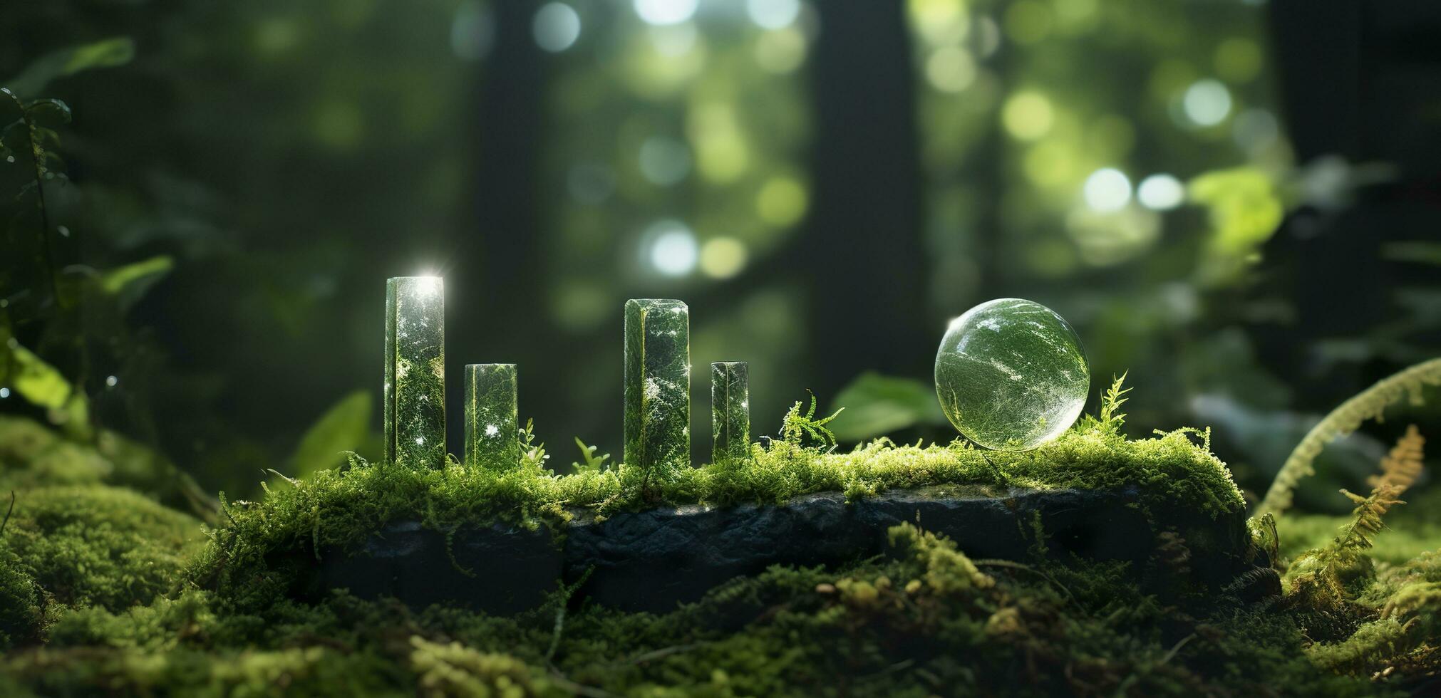 Crystals with moon phases image of moss in a mysterious forest, natural background. Generative AI photo
