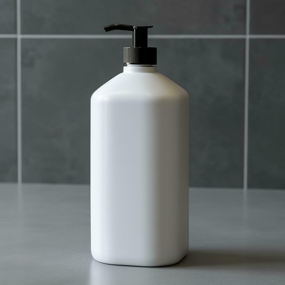A white bottle of shampoo stands on the table in bathroom. AI Generative photo