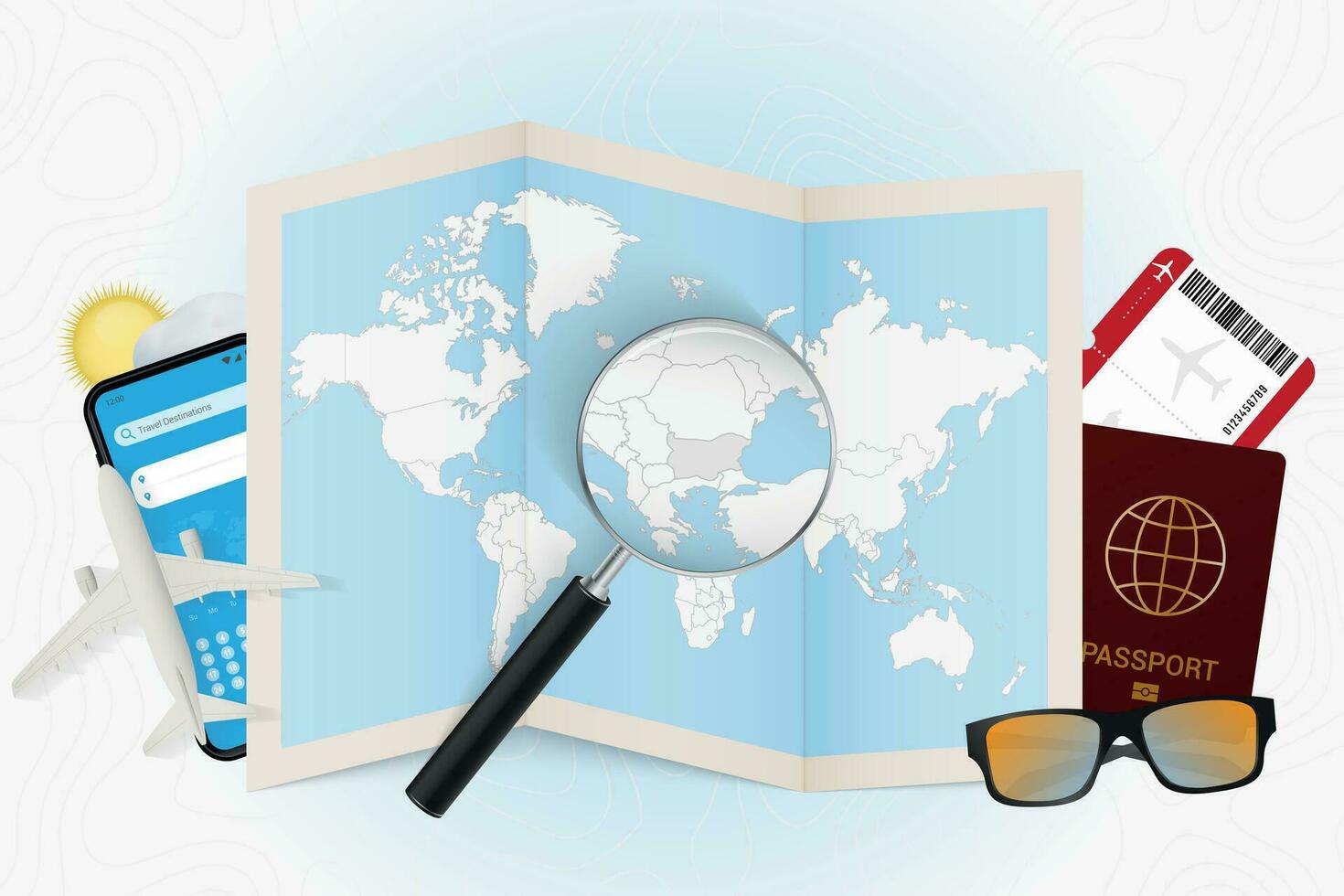 Travel destination Bulgaria, tourism mockup with travel equipment and world map with magnifying glass on a Bulgaria. vector