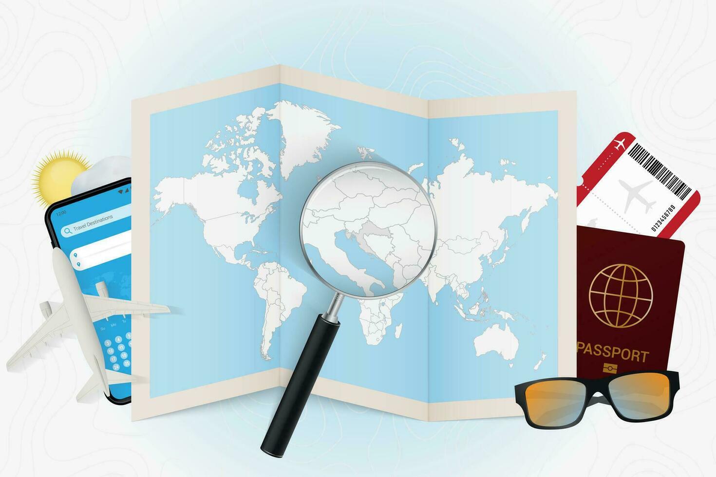 Travel destination Croatia, tourism mockup with travel equipment and world map with magnifying glass on a Croatia. vector