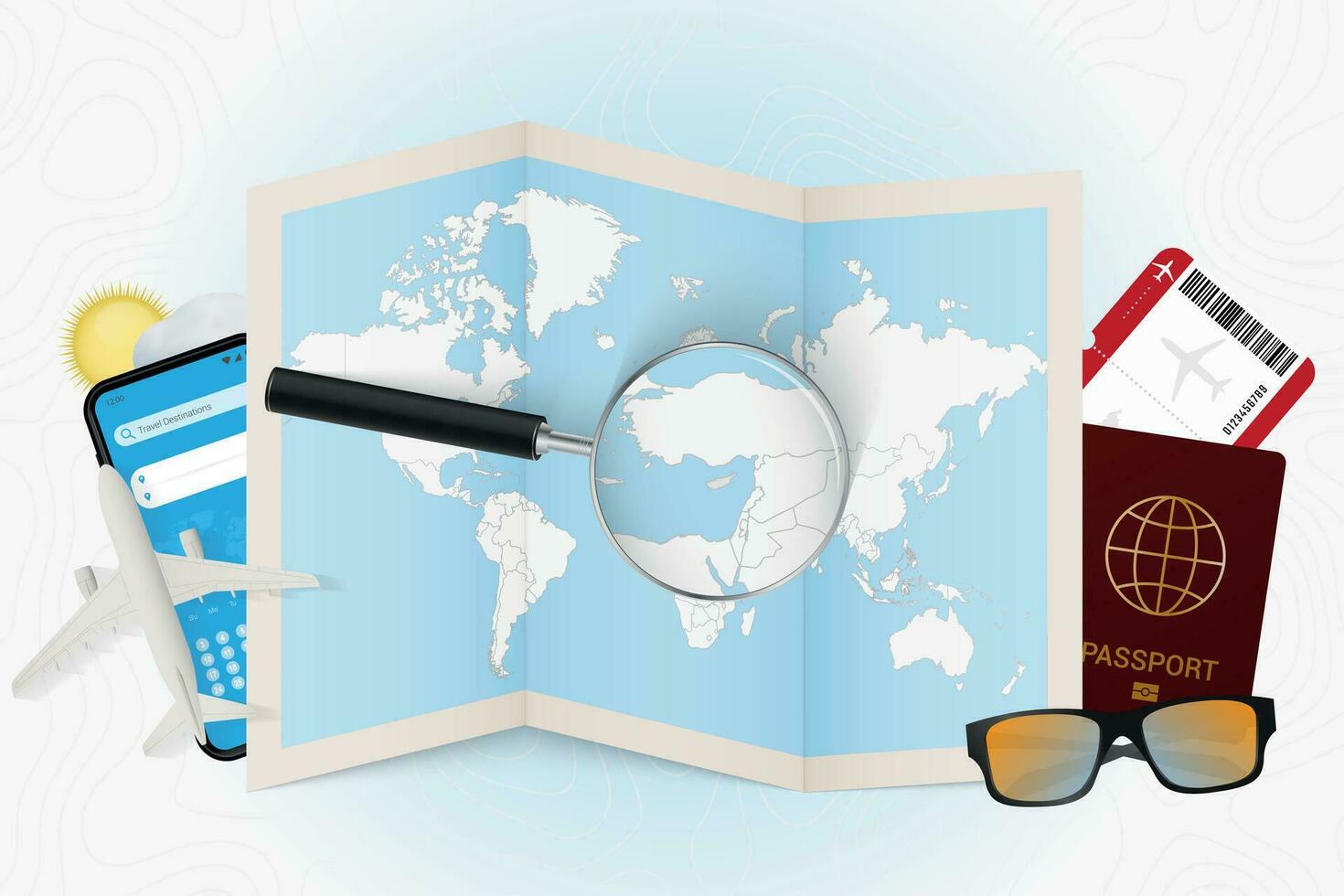 Travel destination Cyprus, tourism mockup with travel equipment and world map with magnifying glass on a Cyprus. vector