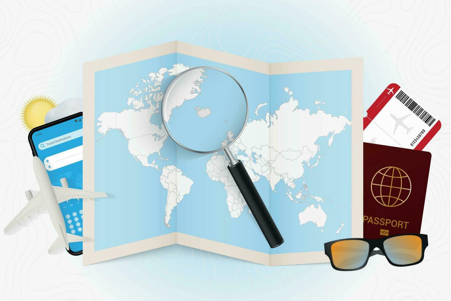 Travel destination Iceland, tourism mockup with travel equipment and world map with magnifying glass on a Iceland. vector