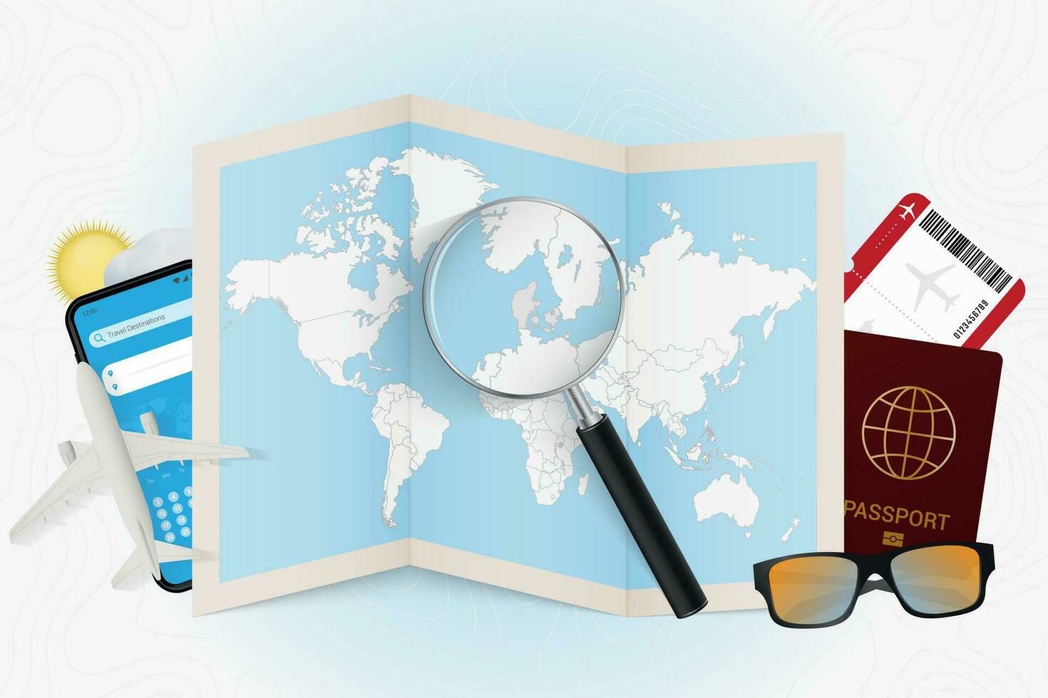 Travel destination Denmark, tourism mockup with travel equipment and world map with magnifying glass on a Denmark. vector