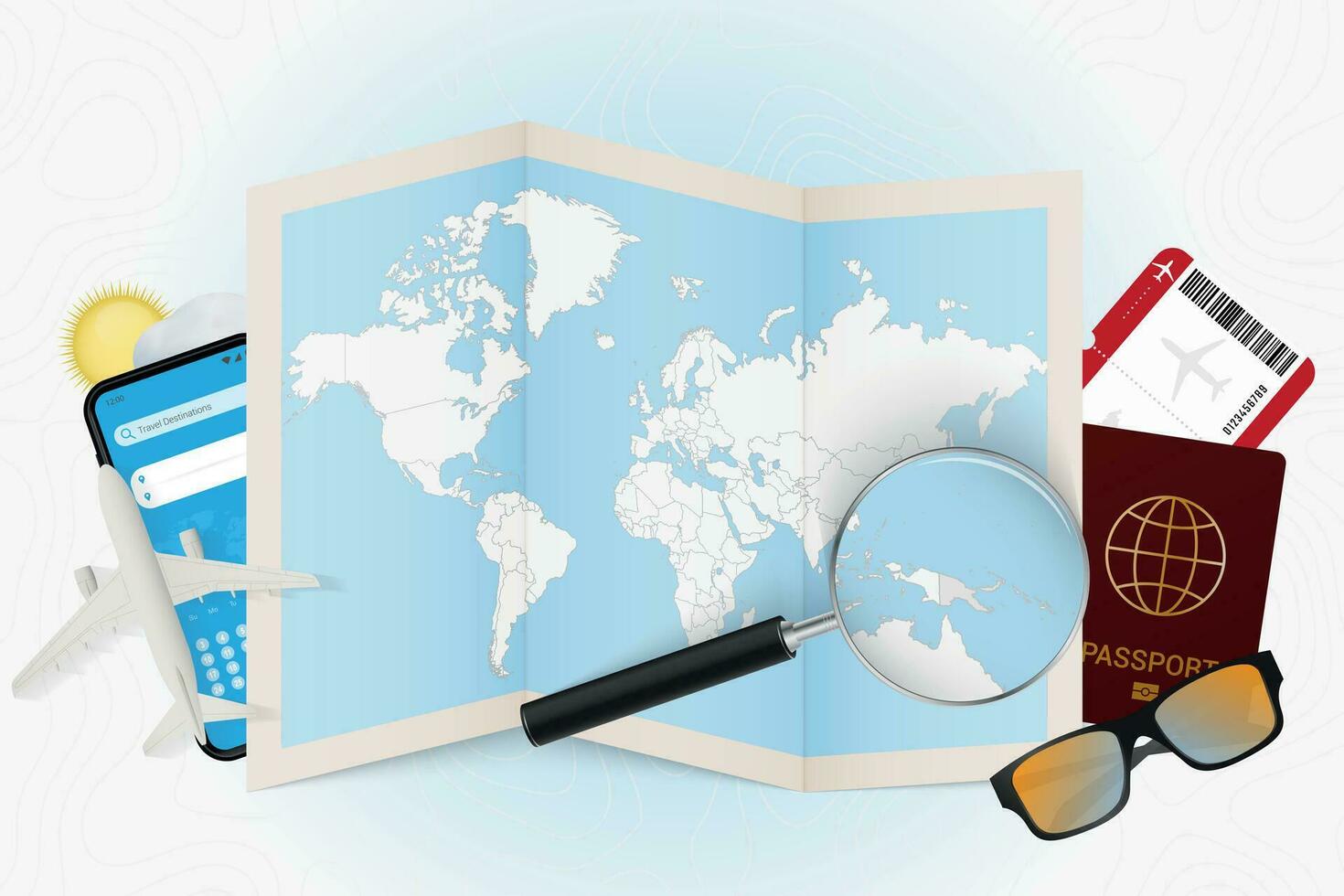 Travel destination Papua New Guinea, tourism mockup with travel equipment and world map with magnifying glass on a Papua New Guinea. vector