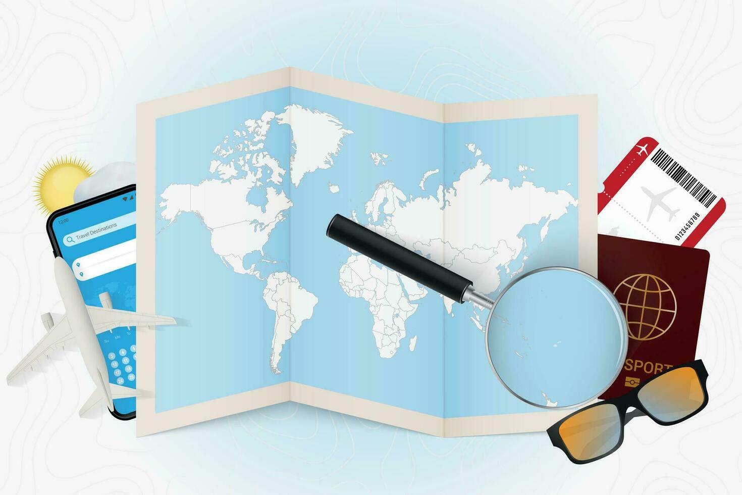 Travel destination Fiji, tourism mockup with travel equipment and world map with magnifying glass on a Fiji. vector