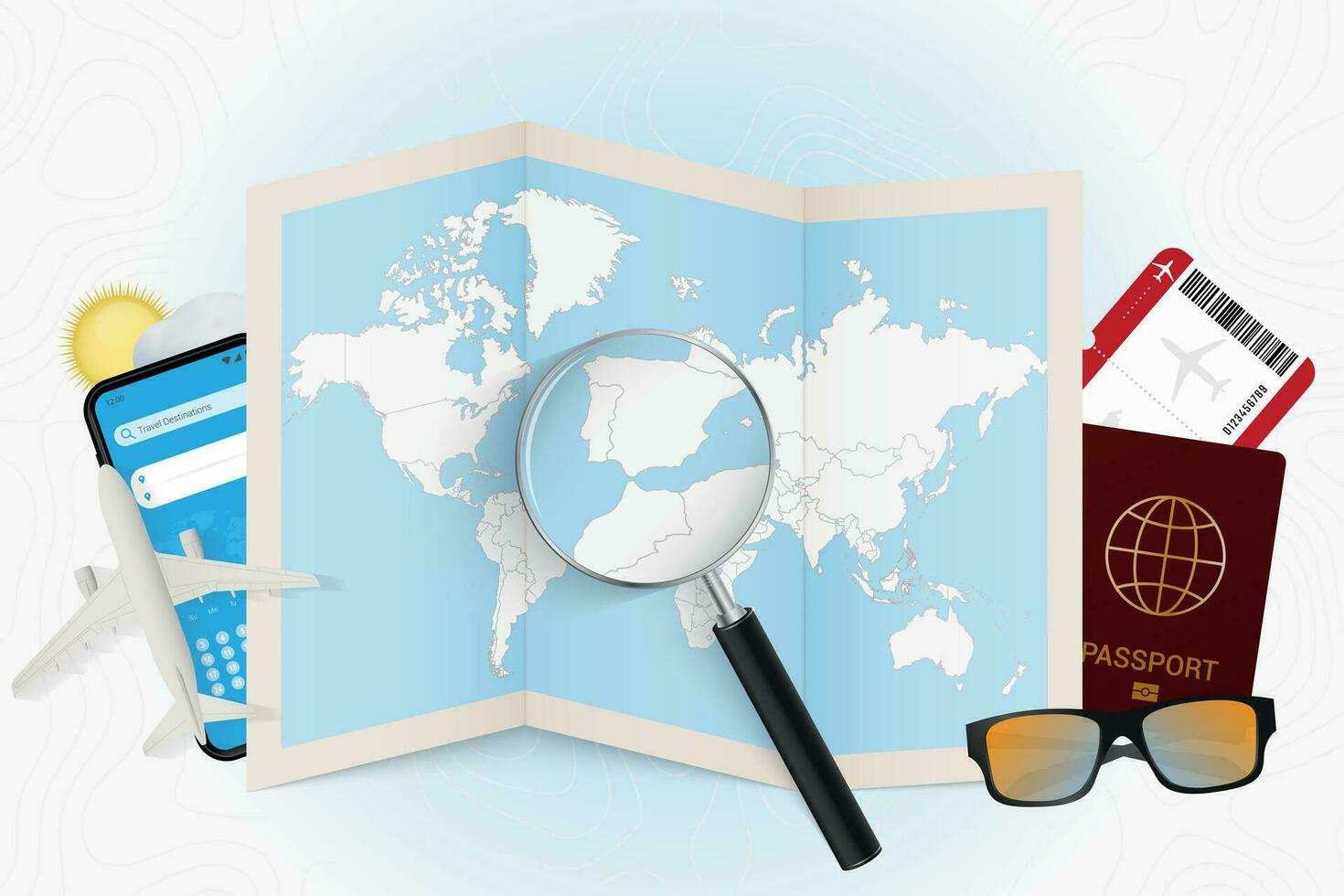 Travel destination Gibraltar, tourism mockup with travel equipment and world map with magnifying glass on a Gibraltar. vector