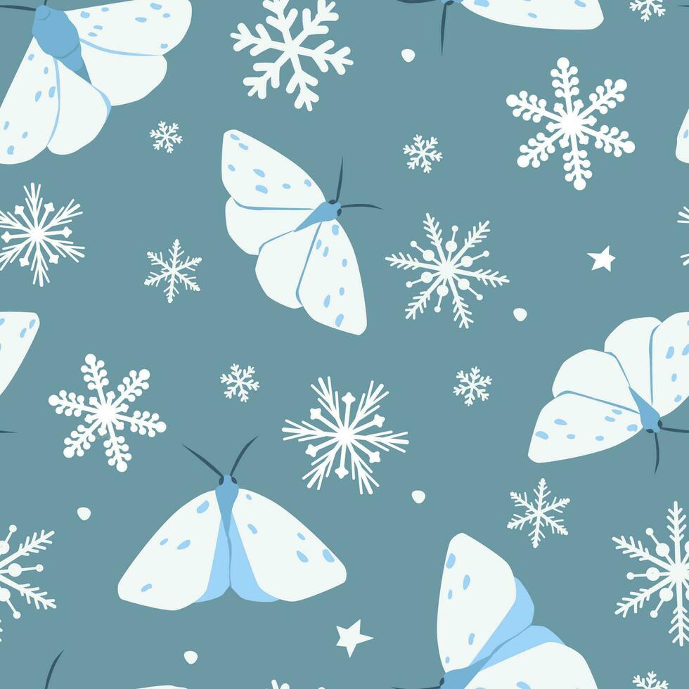 sin costura modelo con invierno escarchado ornamento. blanco mariposas, polillas en un antecedentes de copos de nieve. resumen vector gráficos.