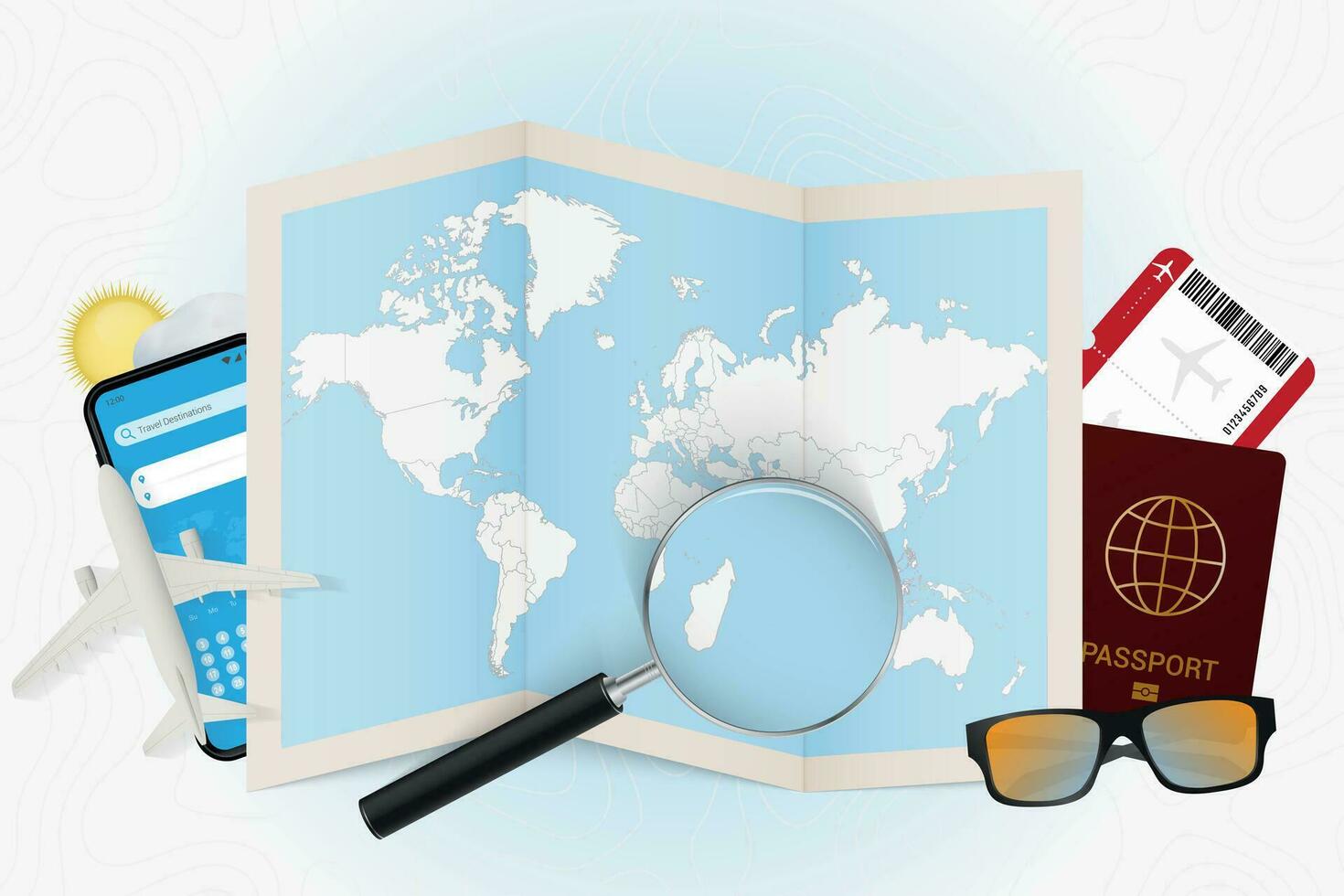 Travel destination Mauritius, tourism mockup with travel equipment and world map with magnifying glass on a Mauritius. vector