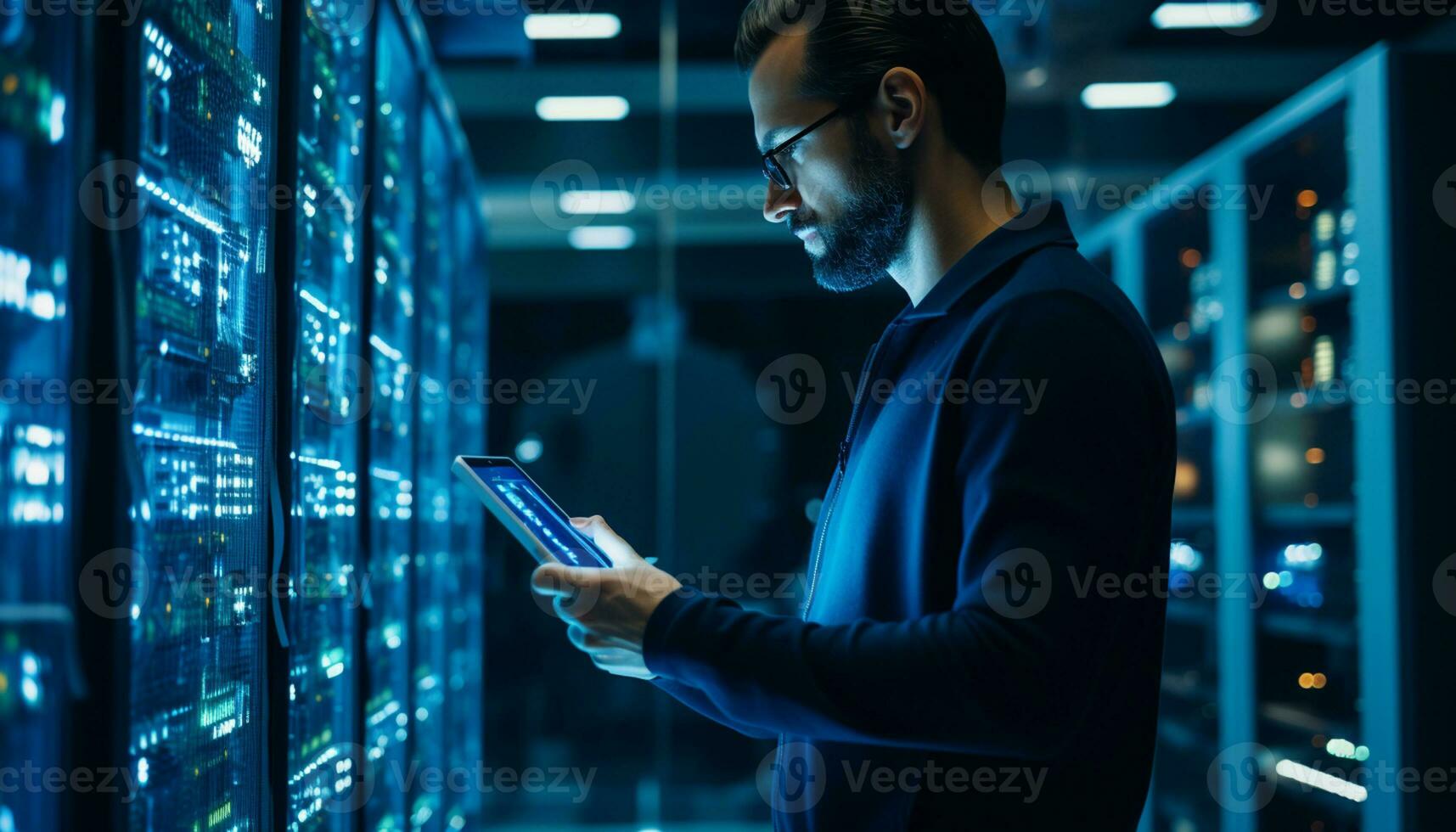 Data center engineers leverage their expertise in technology to manage and maintain the critical infrastructure that supports servers, networks, databases, and other systems. Generative Ai. photo