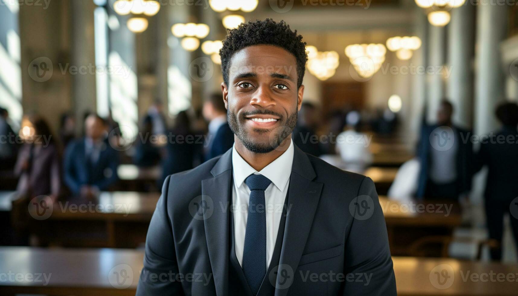 A male lawyer stands confidently in the courtroom, a portrait capturing his professionalism and dedication to the law. Generative Ai. photo