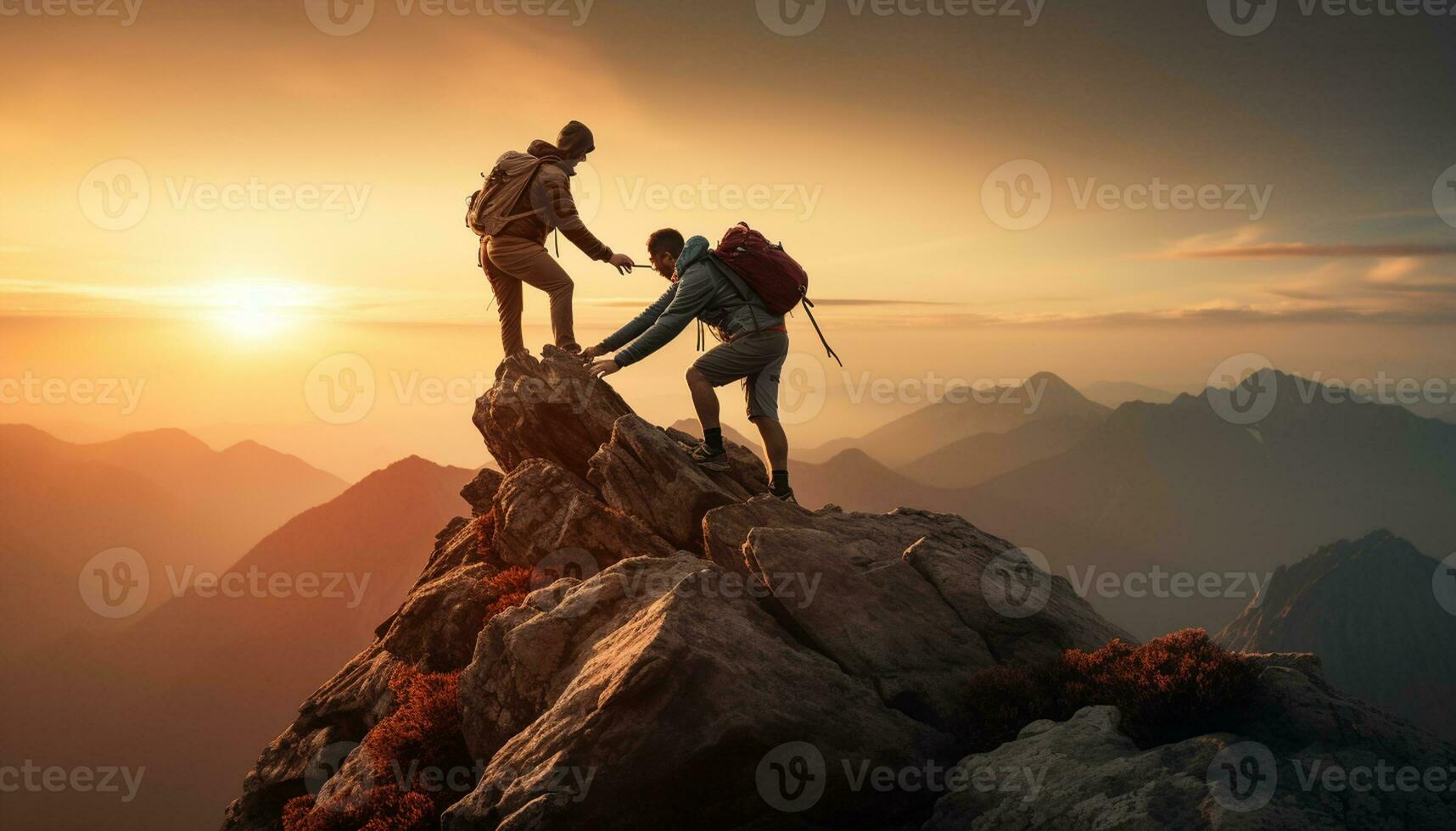 A mountaineer reaches out a helping hand to his teammate, demonstrating the importance of teamwork and motivation in achieving success in the face of challenging conditions. Generative ai photo