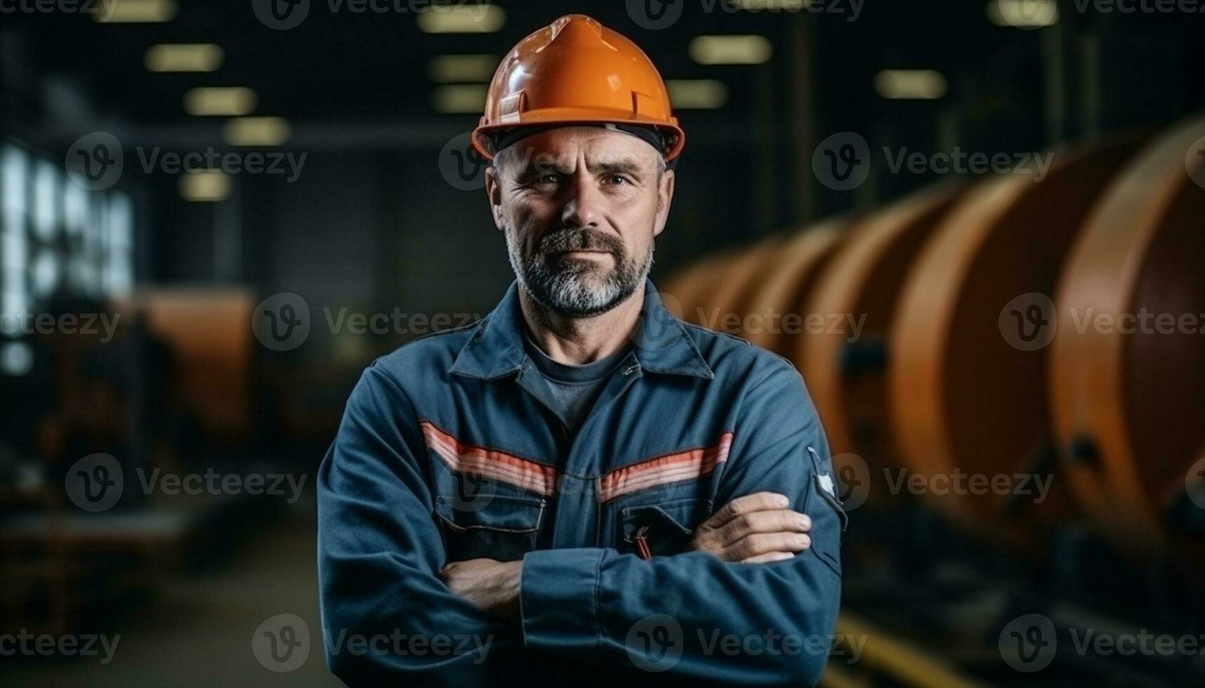 A male industrial engineer wearing a safety helmet and other protective equipment works carefully in a manufacturing factory, ensuring the safety and efficiency of operations. Generative Ai. photo