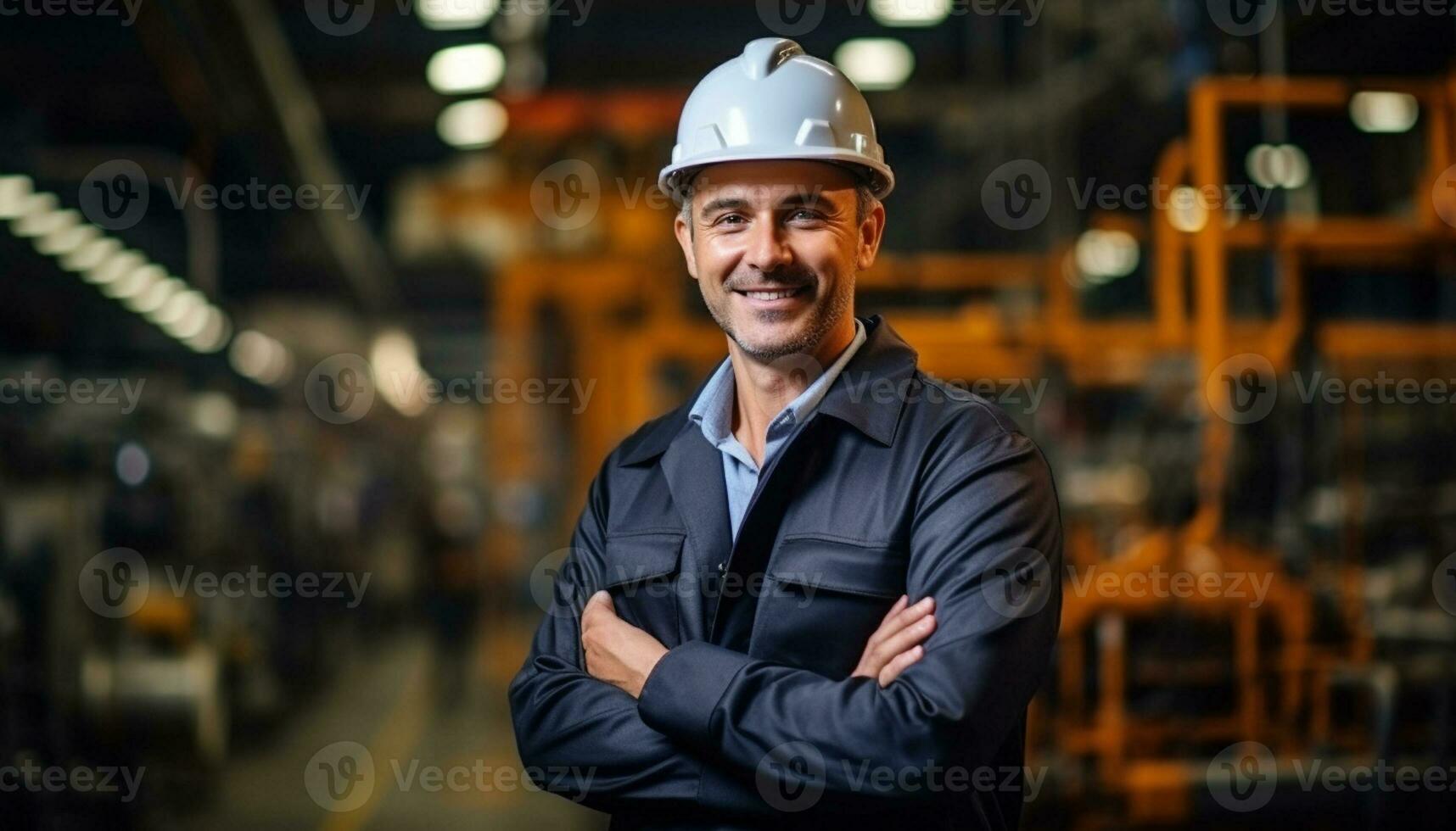 A male industrial engineer wearing a safety helmet and other protective equipment works carefully in a manufacturing factory, ensuring the safety and efficiency of operations. Generative Ai. photo