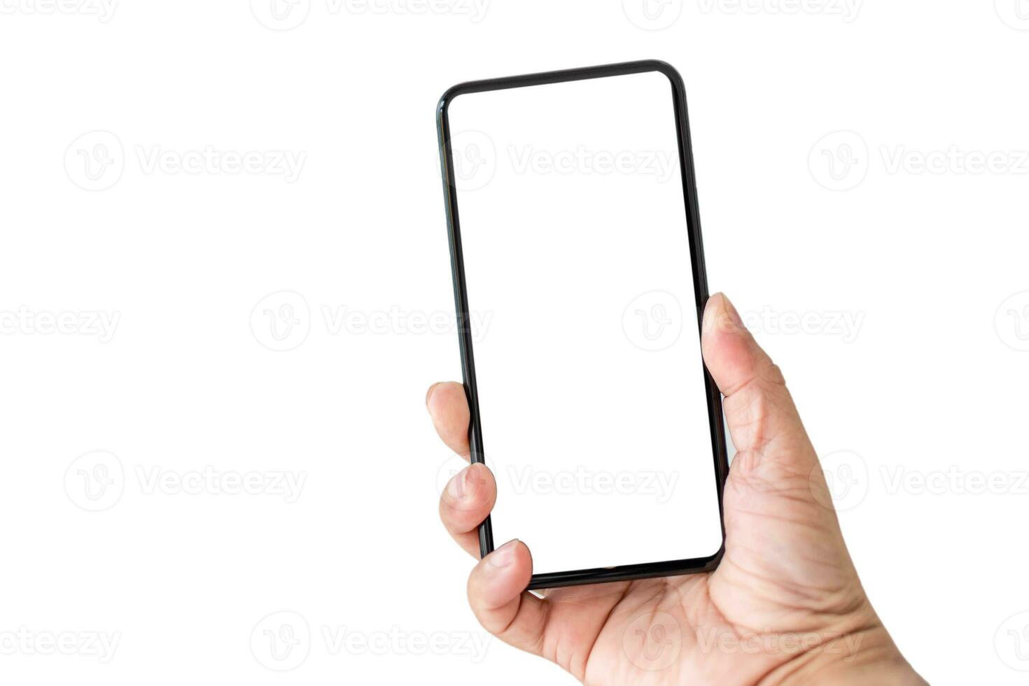 Close-up, lonely, selective focus hand holding a smartphone with a white screen and on a white background, concept, technology, communication, online, internet photo