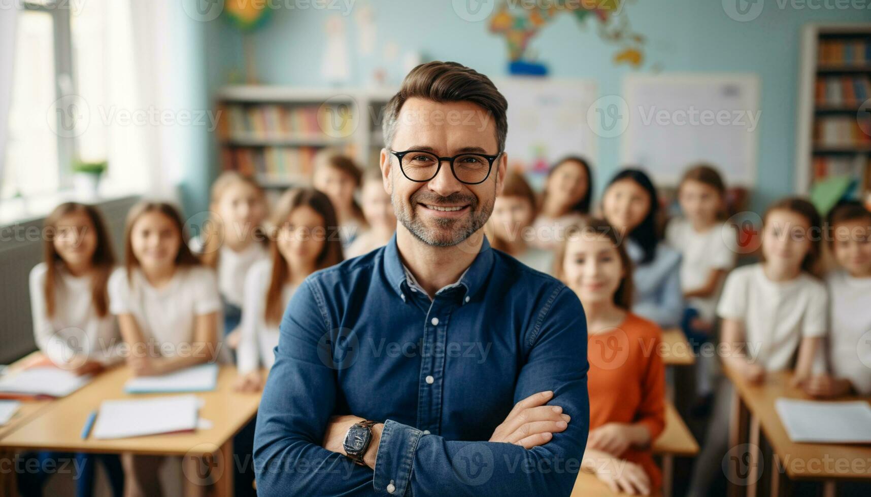 A young male teacher with a bright smile stands at the front of his classroom, surrounded by happy students who are eager to learn. Generative Ai photo