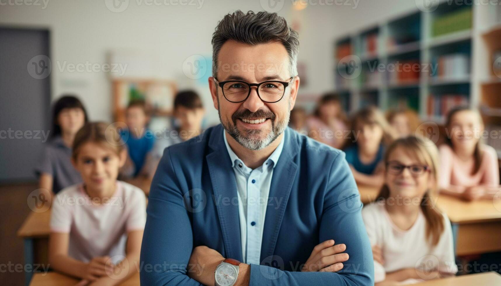 un joven masculino profesor con un brillante sonrisa soportes a el frente de su aula, rodeado por contento estudiantes quien son ansioso a aprender. generativo ai foto