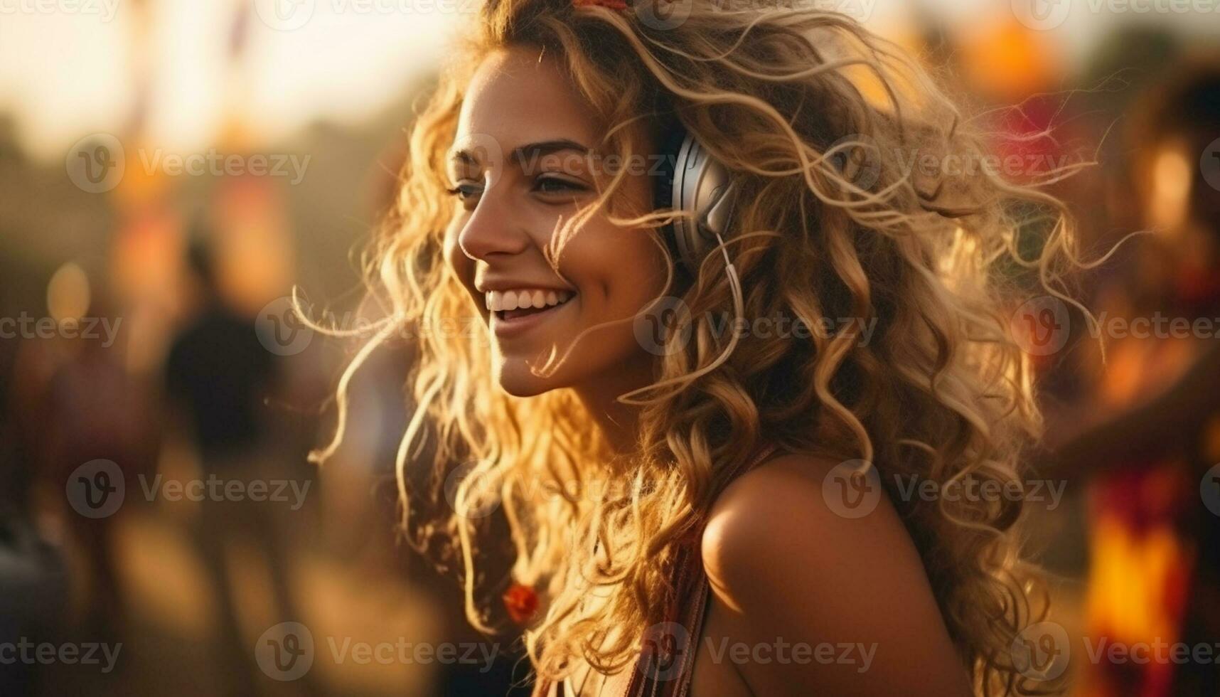 A lady laughs with joy and happiness as she relaxes on the beach at a summer party, surrounded by friends and family, with the sea breeze in her hair and the sun on her face. Generative Ai photo