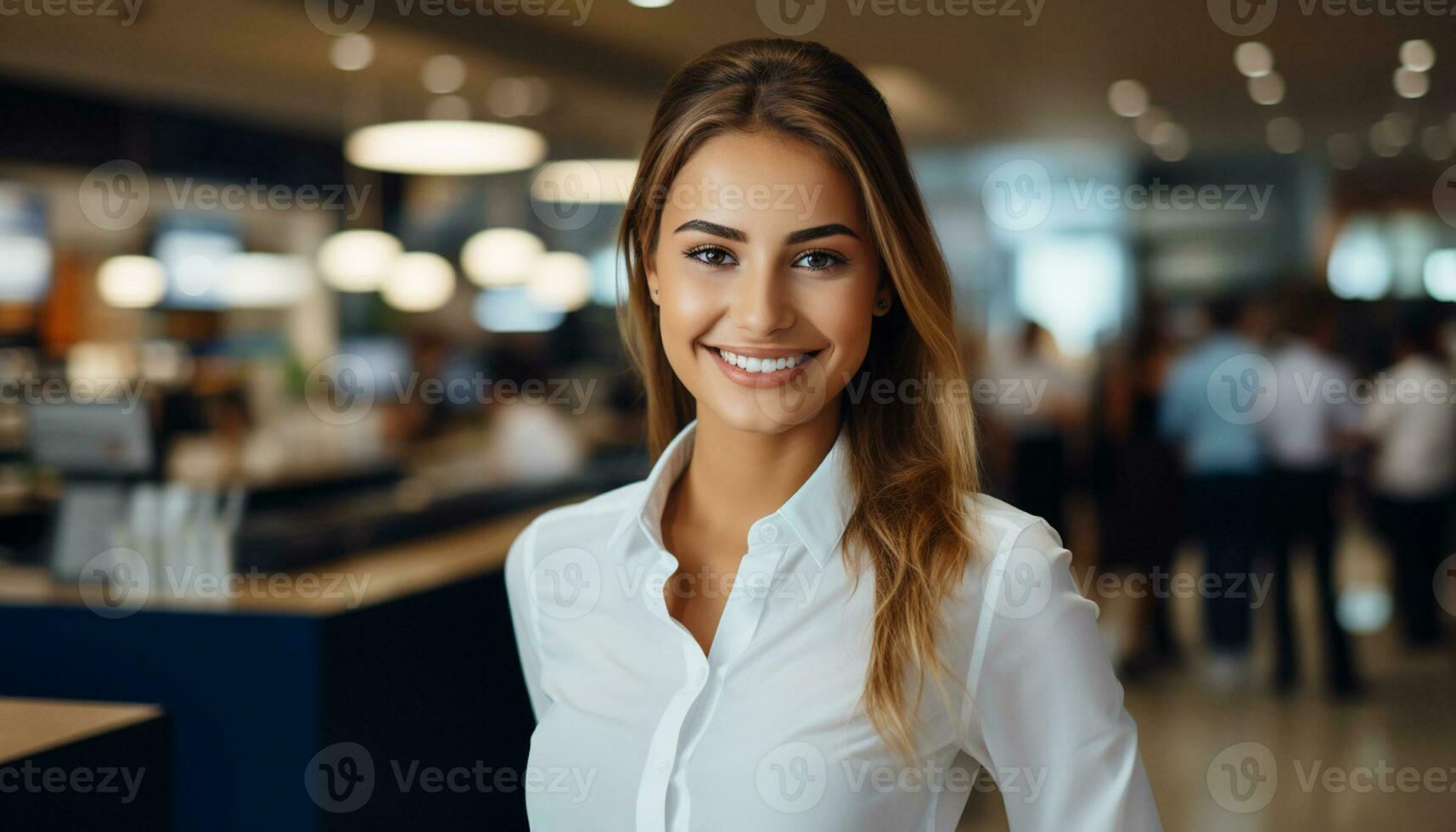 A happy waitress with a warm smile greets customers at the counter