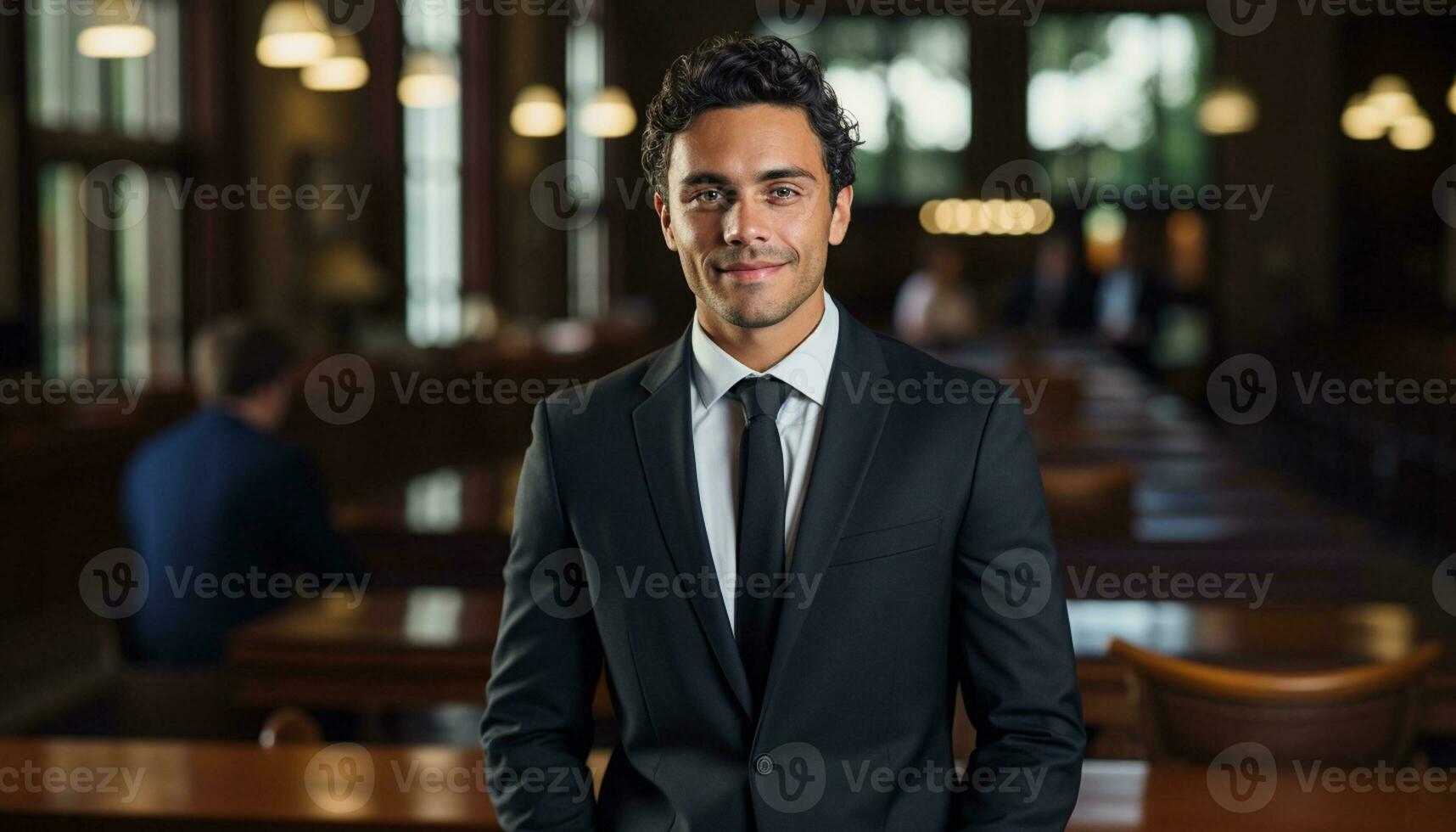 A male lawyer stands confidently in the courtroom, a portrait capturing his professionalism and dedication to the law. Generative Ai. photo