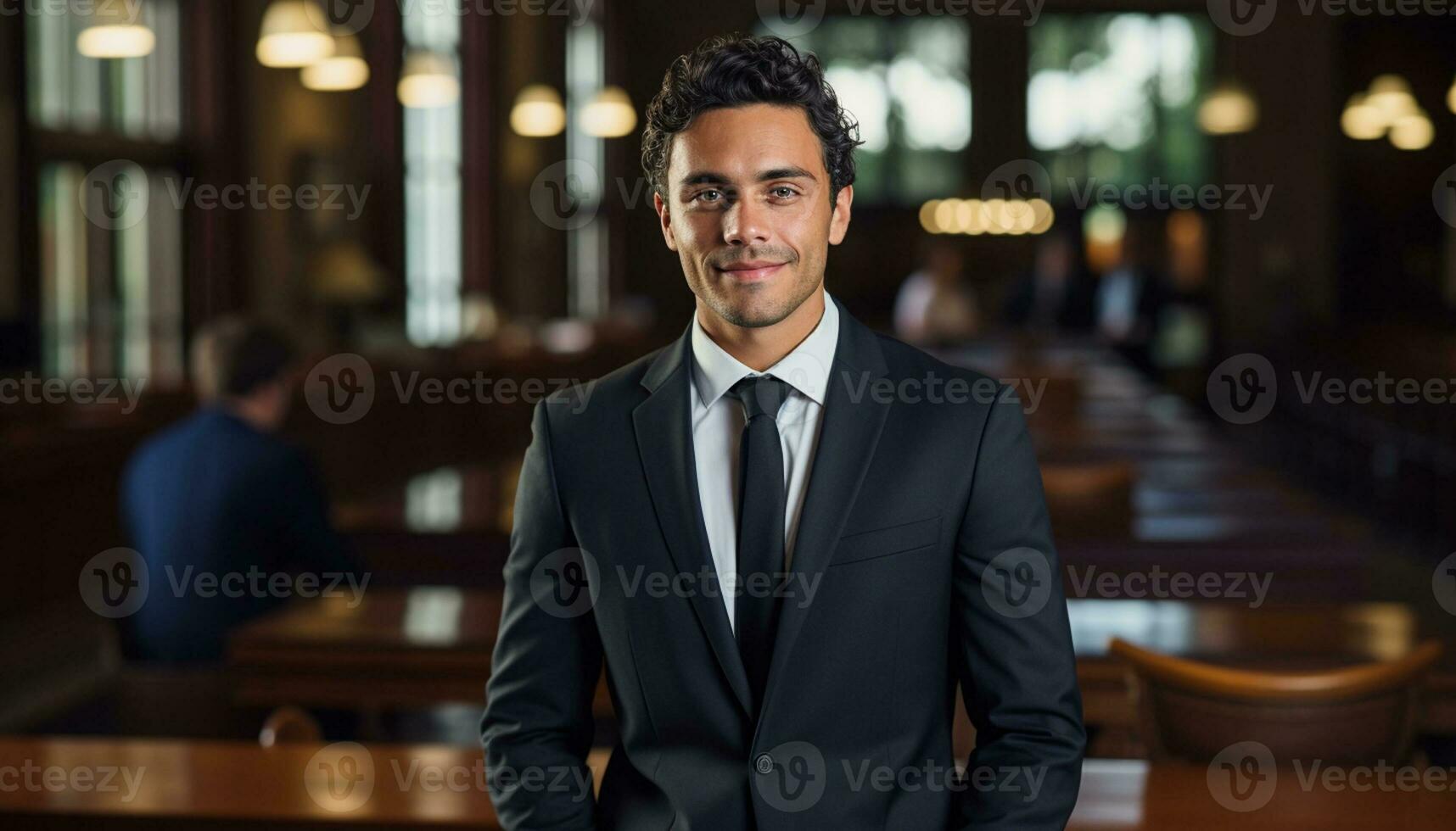 un masculino abogado soportes con confianza en el sala de justicia, un retrato capturar su profesionalismo y Dedicación a el ley. generativo ai. foto