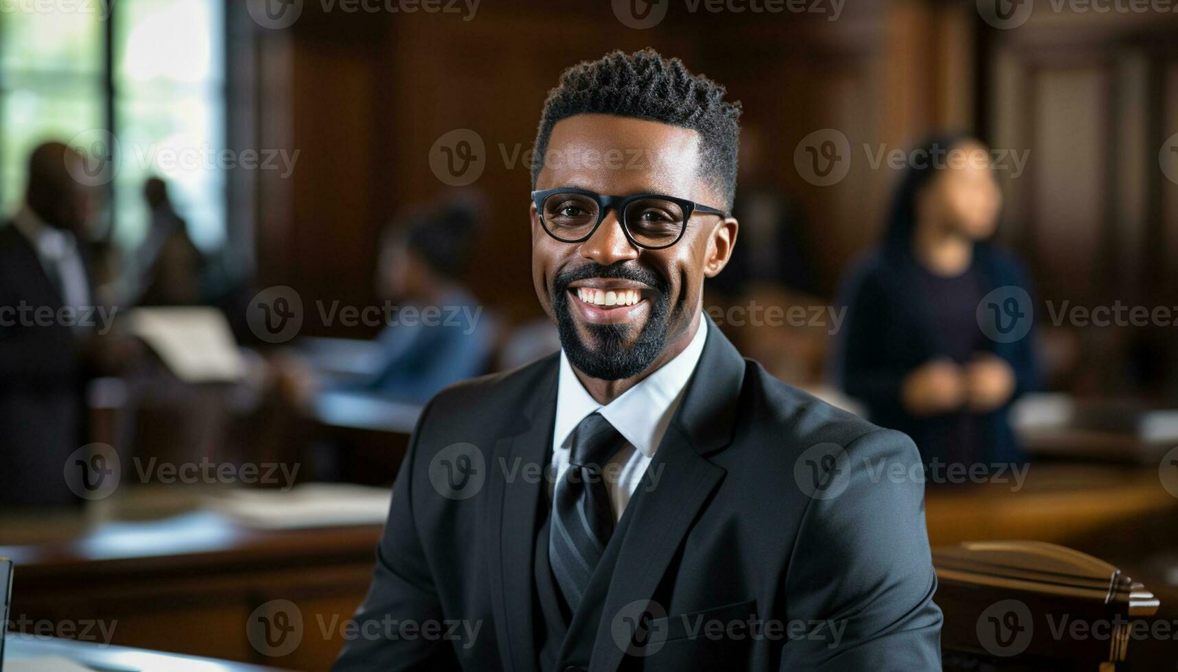 A male lawyer stands confidently in the courtroom, a portrait capturing his professionalism and dedication to the law. Generative Ai. photo