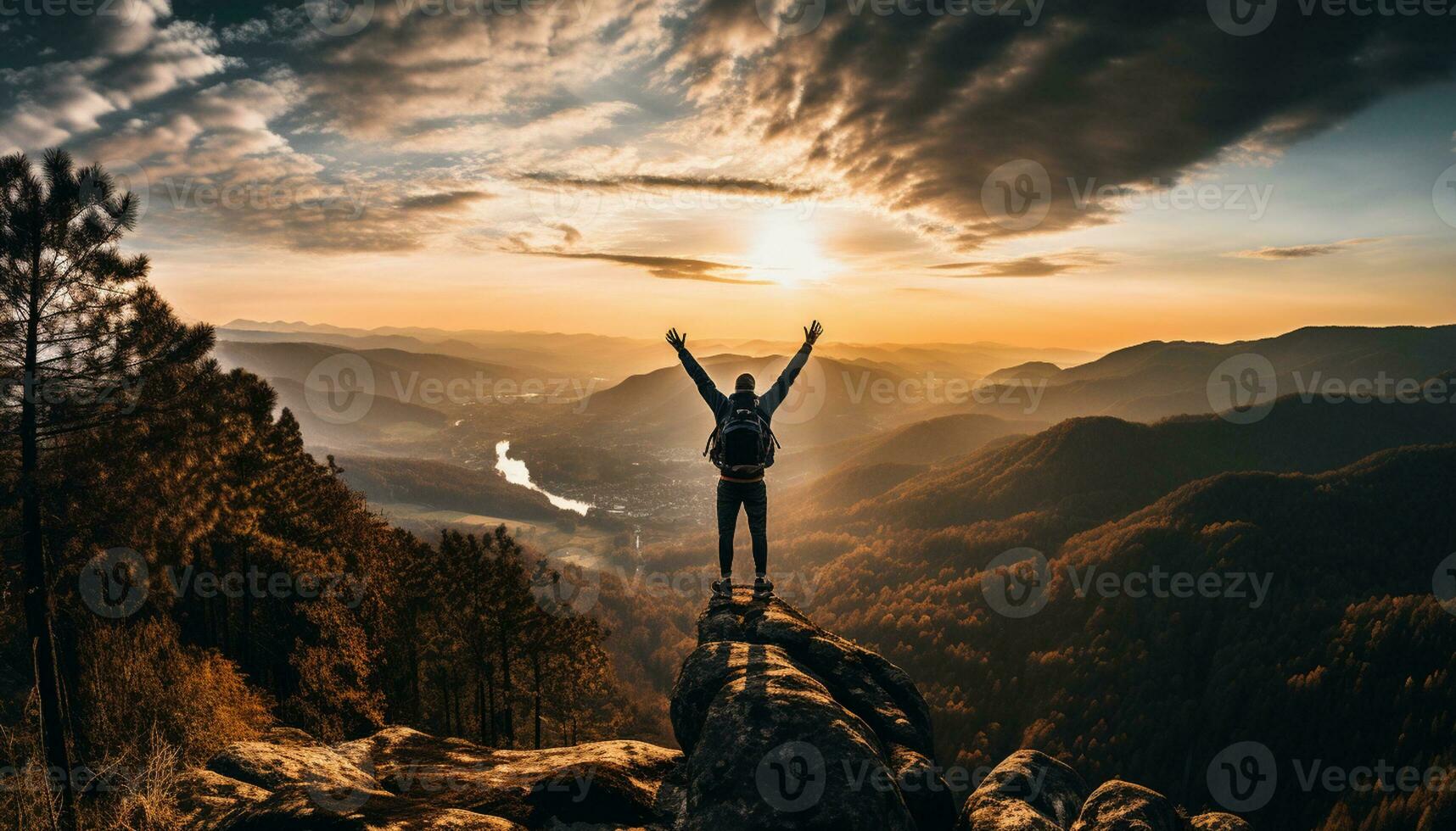 A man stands on the summit of a mountain, his arms raised in victory, a symbol of freedom, success, and the human spirit. Generative ai photo