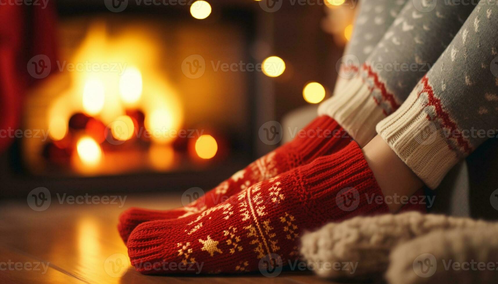 On a cold winter night, there's nothing quite as relaxing as warming your feet by the fireplace in cozy socks, surrounded by the festive atmosphere of the Christmas season. generative ai photo
