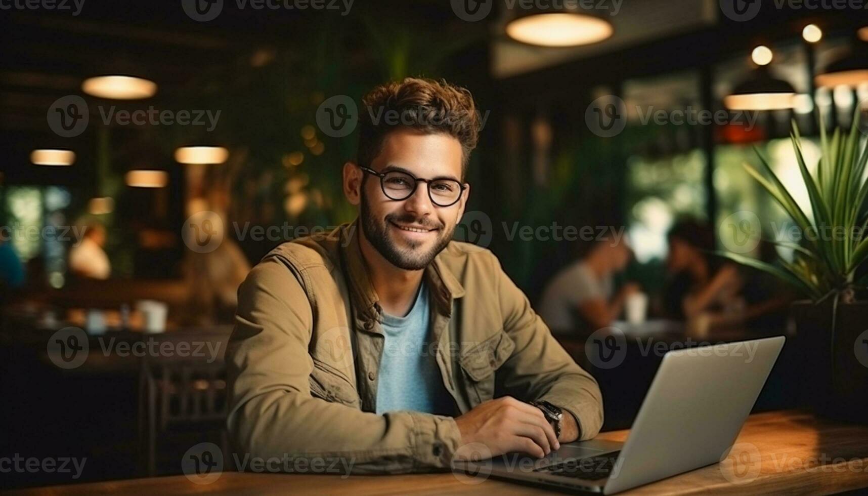 A young professional businessman sits at his desk, using his laptop computer to access the internet and work on business projects. generative ai photo