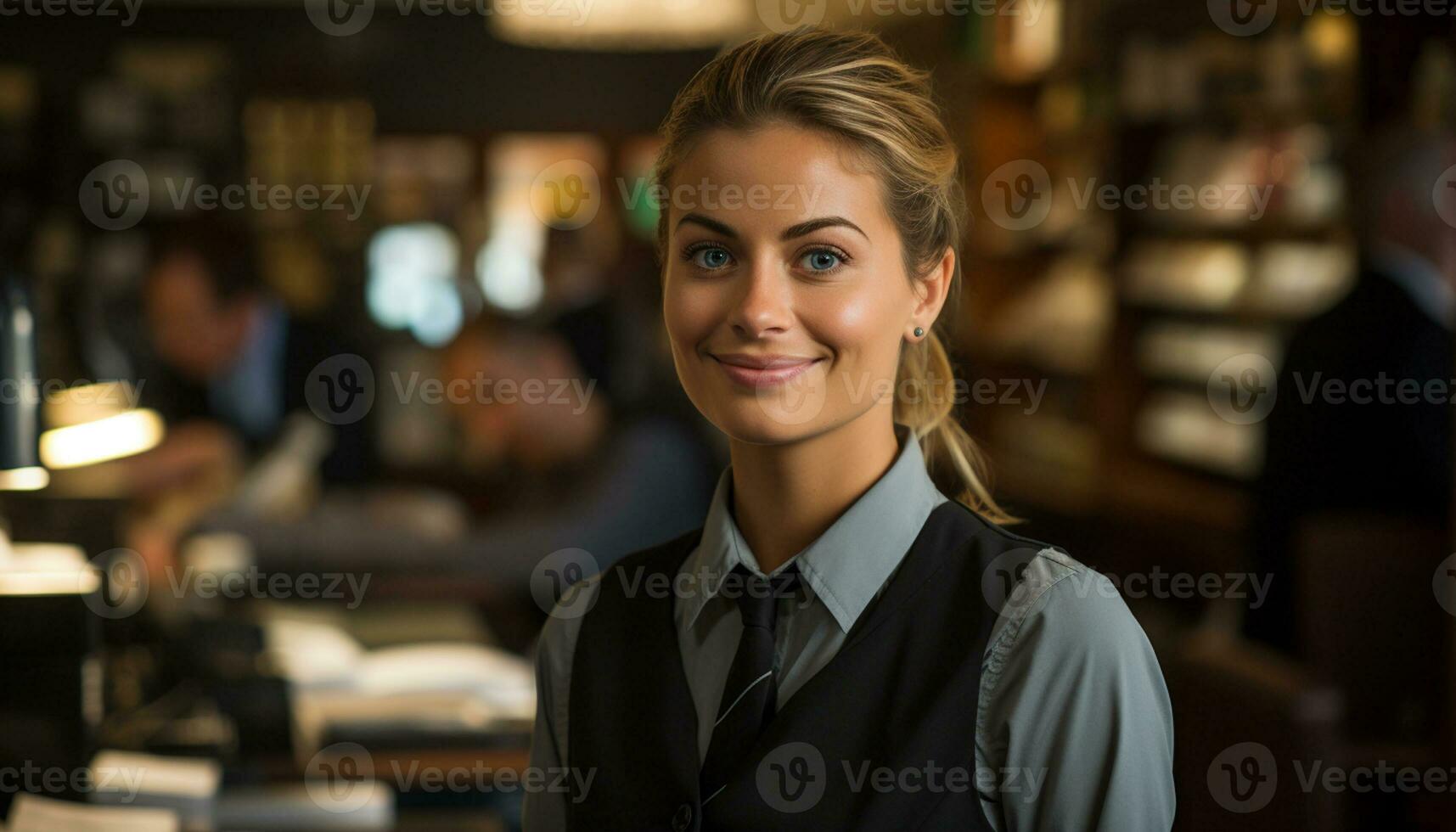 A happy waitress with a warm smile greets customers at the counter, providing excellent service and making them feel welcome. Generative Ai photo