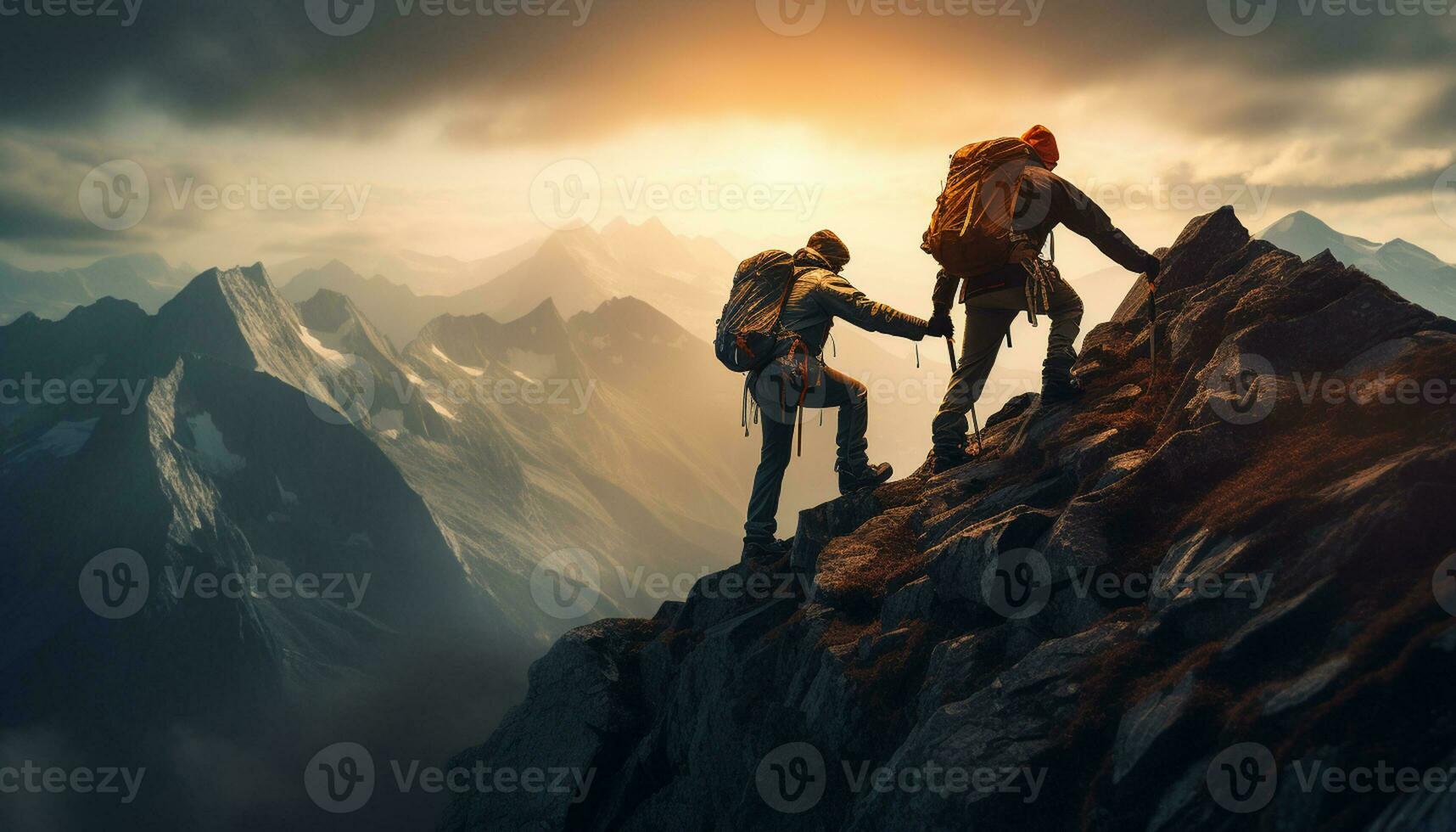 A mountaineer reaches out a helping hand to his teammate, demonstrating the importance of teamwork and motivation in achieving success in the face of challenging conditions. Generative ai photo