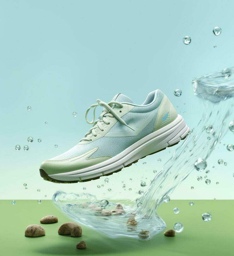 Fresh fly running shoes in water and wind in the style of natural patterns light white and light indigo ethereal illustration light blue and light green delicate still life. AI Generative photo