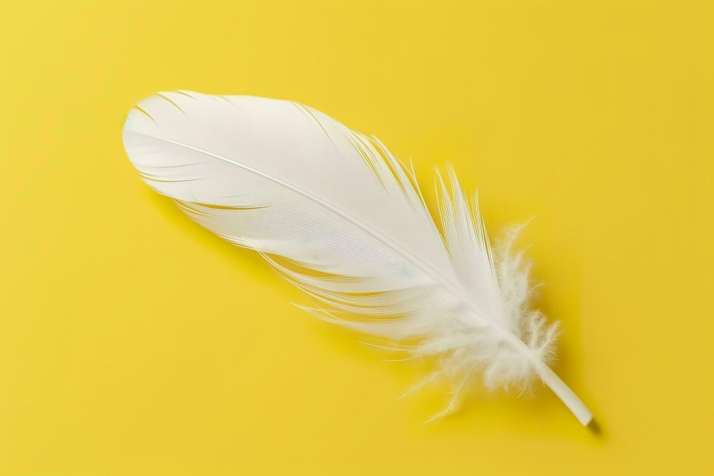 Close up of bright white feather. Copy space, yellow background. Fashion and Party concept. AI Generative photo